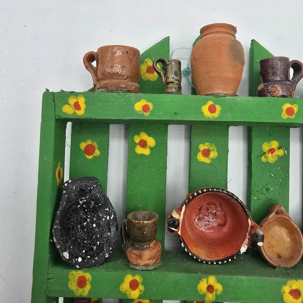 Mexican Kitchen Trastero Wall Hanging Shelf With Miniature Pots Vtg Folk Art